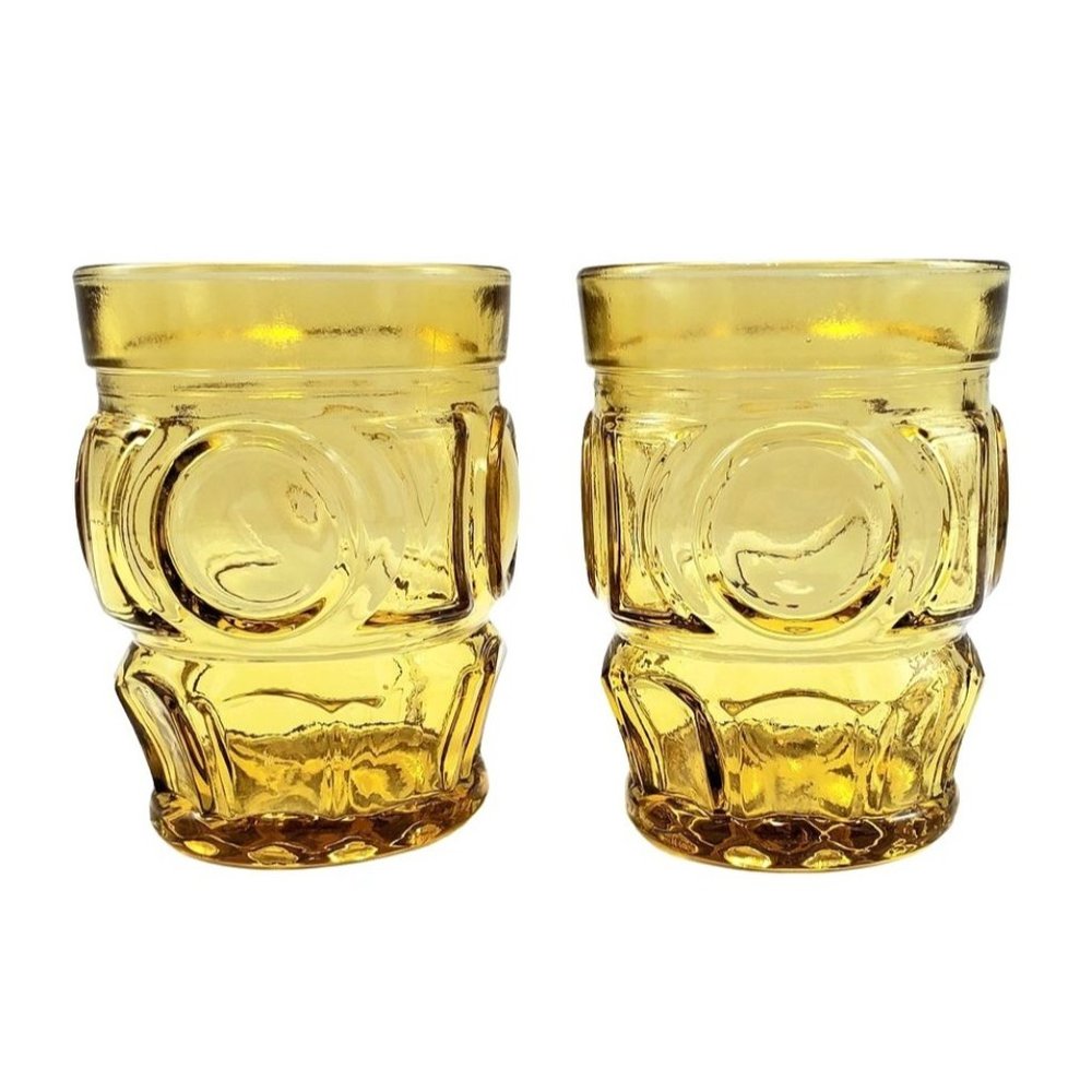 Vintage Wheaton Amber Bulls Eye Pattern Set of 2 Juice Glasses 4" MCM